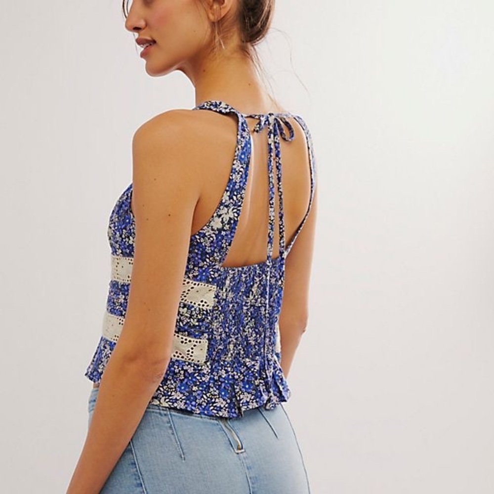 Free People Blue and White Kiana Lace Tank